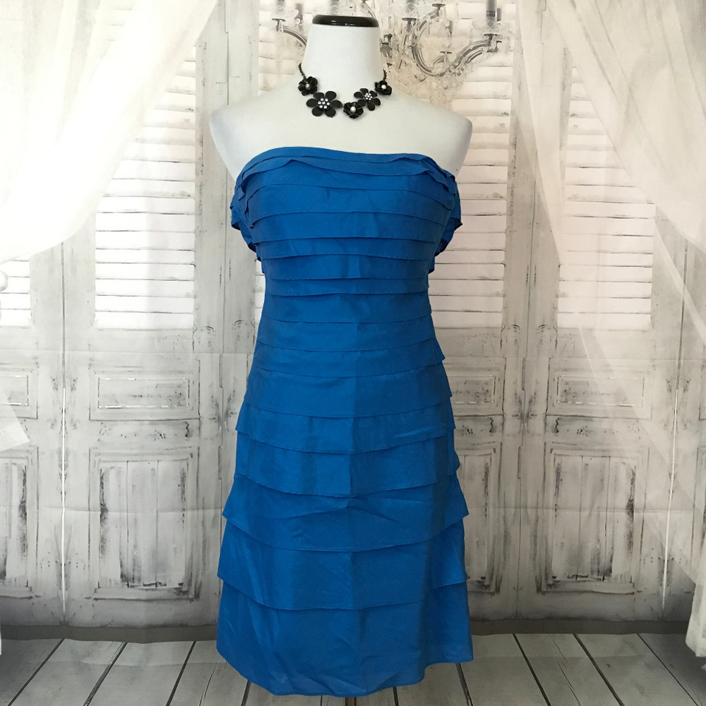 Antonio Melani Size 2 Solid Blue Strapless Dress Silk Cotton Cocktail Tiered